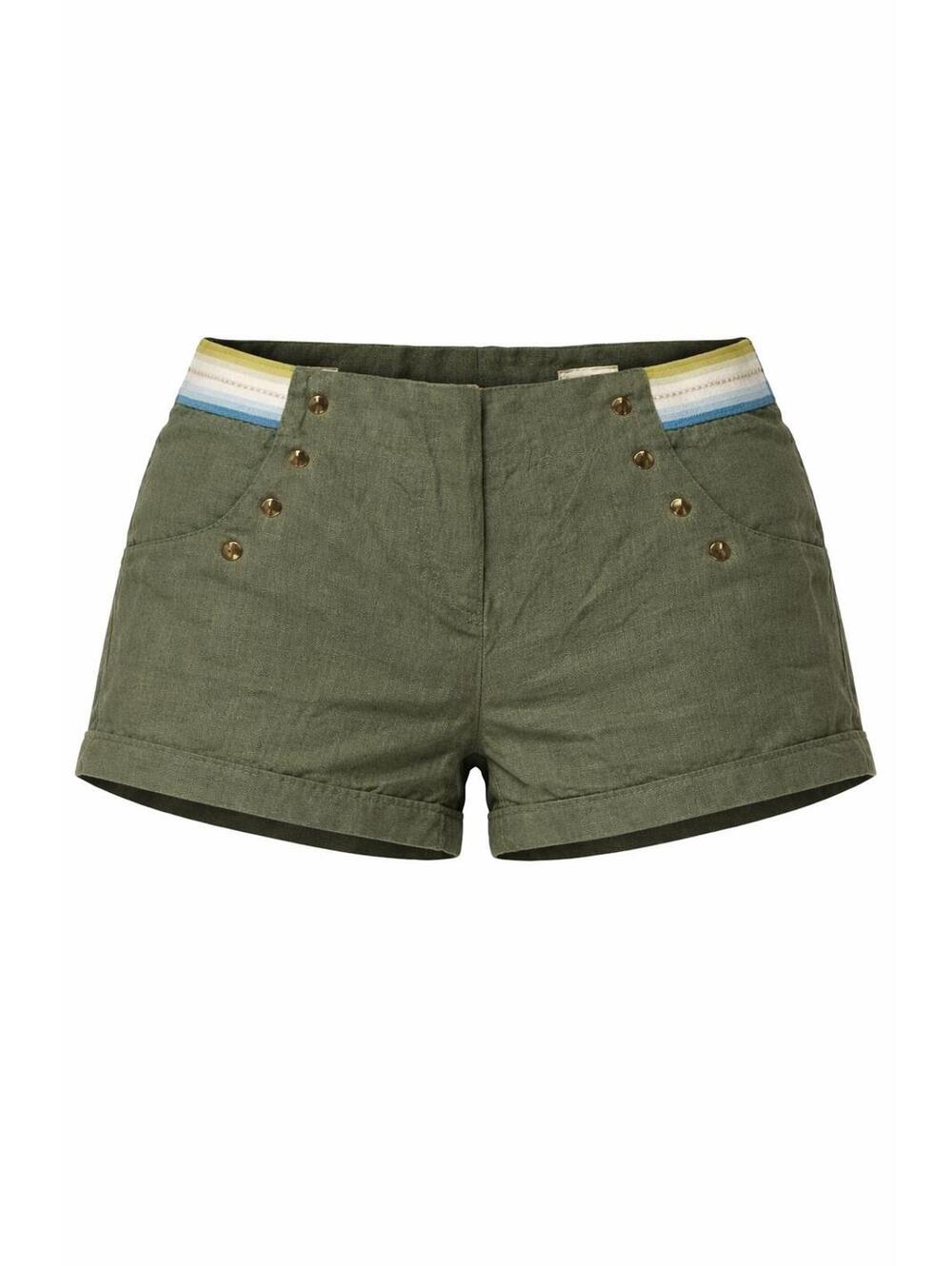 Chord Olive Green Linen Blend Shorts with Button Detail 7JR